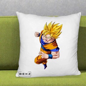 Perna Personalizata Dragon Ball Goku Super Saiyan 2 Lupta, 40x40 cm, Alb Pufos, Husa Detasabila, Perna Inclusa, BEKZ®