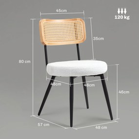 HOMCOM Lot de 2 scaune de bucatarie boho cu spatar din ratan pentru living, camera de zi, dormitor, alb | Aosom Romania