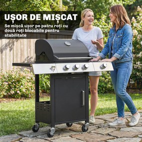 Outsunny Grătar pe Gaz, 3 Arzătoare, Arzător Lateral, Grătare din Fontă, Rafturi Laterale Incluse. | Aosom Romania