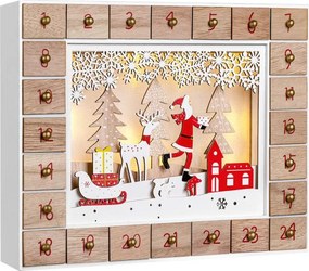 Calendar advent din lemn SANTA CLAUS cu iluminare, 35x6x27cm, alb/maro Spielwerk
