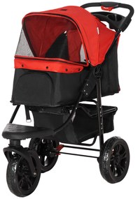 PawHut Cărucior pentru Câini cu 3 Roți Ferestre de Plasă Coș de Depozitare și Curele de Siguranță 109,5x57,5x106,5 cm Roșu | Aosom Romania