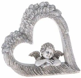 Decorațiune inimă cu înger, gri, poliresină, 14,5 x 13,5 x 4 cm