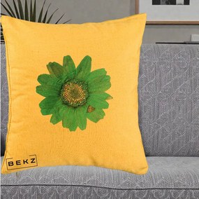Perna Decorativa Floare Gerbera Teal Acuarela, 40x40 cm, Galben, Husa Detasabila, Perna Inclusa, BEKZ®
