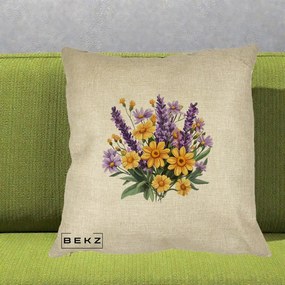 Perna Decorativa Lavanda cu Margarete Galbene si Lila, 40x40 cm, Crem, Husa Detasabila, Perna Inclusa, BEKZ®