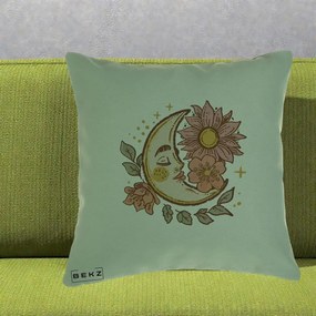 Perna Personalizata Luna Boho Chip Floral, 40x40 cm, Verde, Husa Detasabila, Perna Inclusa, BEKZ®