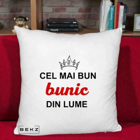 Cadou pentru Bunic - Perna Personalizata Cel Mai Bun Bunic Din Lume Coroana Rosu, 40x40 cm, Alb Pufos, Husa Detasabila, Perna Inclusa, BEKZ®