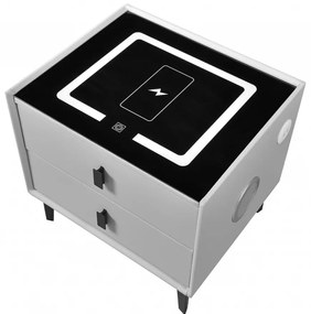 Noptiera SMART Multifunctionala, iluminare LED tactil cu 3 culori, incarcare wireless si USB, difuzor Bluetooth, 2 sertare, Gri Deschis