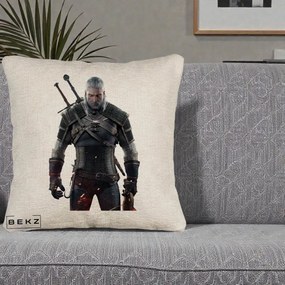 Perna Personalizata The Witcher Geralt of Rivia Portret, 40x40 cm, Bej Canapea, Husa Detasabila, Perna Inclusa, BEKZ®