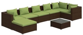 Set mobilier de gradina cu perne, 8 piese, maro, poliratan maro si verde, 3x mijloc + 3x colt + suport pentru picioare + masa, 1