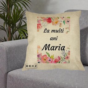 Cadou de Onomastica - Perna Personalizata La Multi Ani Maria Flori Acuarela, 40x40 cm, Crem, Husa Detasabila, Perna Inclusa, BEKZ®