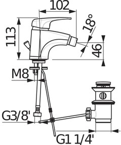 Baterie de bideu + supapă fără preaplin JIKA H3411U10041111 DEEP 11,3 cm crom
