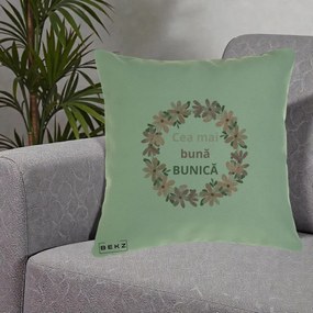 Cadou pentru Bunica - Perna Personalizata Cea Mai Buna Bunica Coronita Flori Roz, 40x40 cm, Verde, Husa Detasabila, Perna Inclusa, BEKZ®