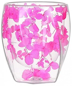 Pahar din sticlă, pereți dubli, flori uscate, hortensie roz, 250 ml