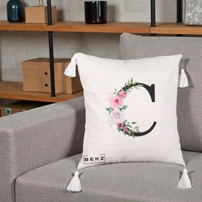 Cadou Personalizat - Perna Personalizata Monograma Florala Litera C, 40x40 cm, Bej cu Franjuri, Husa Detasabila, Perna Inclusa, BEKZ®