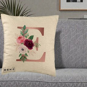 Cadou Personalizat - Perna Personalizata Monograma Rose Gold Litera E, 40x40 cm, Bej, Husa Detasabila, Perna Inclusa, BEKZ®