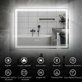 HOMCOM Oglindă Baie Anti-aburire Con Lumină Led E Difuzor Bluetooth 80x60 cm | Aosom Romania