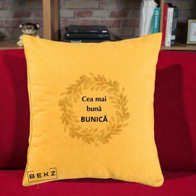 Cadou pentru Bunica - Perna Personalizata Cea Mai Buna Bunica Coronita Frunze Acuarela, 40x40 cm, Galben, Husa Detasabila, Perna Inclusa, BEKZ®
