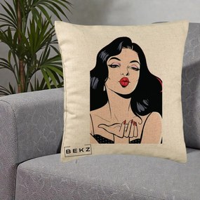 Perna Decorativa Femeie Pop-Art Kiss, 40x40 cm, Bej, Husa Detasabila, Perna Inclusa, BEKZ®