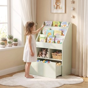 HOMCOM Bibliotecă pentru Copii cu Rafturi și Sertar, Raft Mobil pentru Jucării și Cărți, Dimensiuni 60x29.9x90 cm, Verde Strălucitor | Aosom România