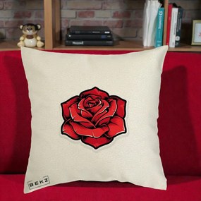 Perna Decorativa Trandafir Rosu Tattoo, 40x40 cm, Ecru, Husa Detasabila, Perna Inclusa, BEKZ®