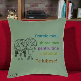 Cadou pentru Frate - Perna Personalizata Fratele Meu Te Iubesc Copii Anime Colorat, 40x40 cm, Verde, Husa Detasabila, Perna Inclusa, BEKZ®