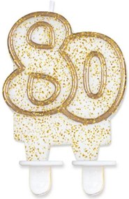Colorat Gold Lumânare aniversară 80 cu sclipici auriu, lumânare cifră
