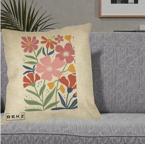 Perna Decorativa Flori Grafice Roz si Terracotta, 40x40 cm, Crem, Husa Detasabila, Perna Inclusa, BEKZ®