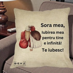 Cadou pentru Sora - Perna Personalizata Sora Mea Te Iubesc Doua Fete Iarna Acuarela, 40x40 cm, Crem, Husa Detasabila, Perna Inclusa, BEKZ®