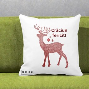Perna Decorativa Ren Sclipitor Glitter Craciun Fericit, 40x40 cm, Alba Mata, Husa Detasabila, Perna Inclusa, BEKZ®