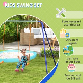 Outsunny Set de leagan pentru copii, Cadru metalic de leagan pentru exterior cu scaune duble de leagan, tarusi de sol