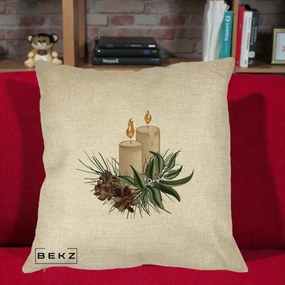 Perna Decorativa Lumanari cu Ilex si Conuri Ilustratie, 40x40 cm, Crem, Husa Detasabila, Perna Inclusa, BEKZ®
