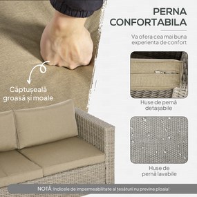 Outsunny Set Mobilier de Grădină Ratan 4 Piese, Canapea, Fotolii, Măsuță, Perne Detașabile Lavabile, Kaki Bej | Aosom Romania