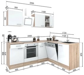 Mobilă de bucătărie de colț Yorki 220, corp din stejar Sonoma, față alb satinat cu element inferior al cuptorului