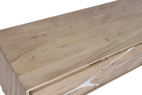 Comodă TV living din lemn de acacia, natur, cu 3 uși, decor alb și picioare sferice, 50 x 145 x 40 cm, „Alvera”