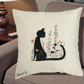 Perna Decorativa Pisica Neagra Flori Portocalii Silueta, 40x40 cm, Ecru, Husa Detasabila, Perna Inclusa, BEKZ®