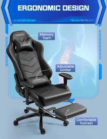 DOWINX Scaun gaming, ergonomic, suport lombar cu masaj, spătar rabatabil 90-180°, cotiere reglabile, suport pentru picioare, rezistent 150 kg, piele PU, Negru