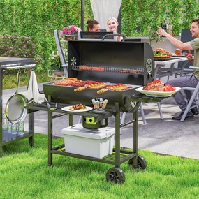 Outsunny Grătar pe cărbuni din oțel BBQ Smoker cu capac mânere termometru roți mobil 114 x 65 x 95 cm | Aosom Romania