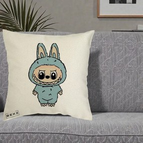 Perna Personalizata Labubu Albastru-Gri Solo, 40x40 cm, Ecru, Husa Detasabila, Perna Inclusa, BEKZ®