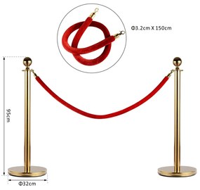 Separator de coloane format din 2 stalpi din otel inoxidabil si un cablu de flanela Ф32x95cm auriu, rosu HOMCOM | Aosom Romania