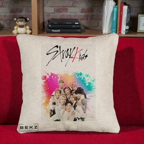 Perna Personalizata K-pop Stray Kids cu Splash Multicolor, 40x40 cm, Bej Canapea, Husa Detasabila, Perna Inclusa, BEKZ®