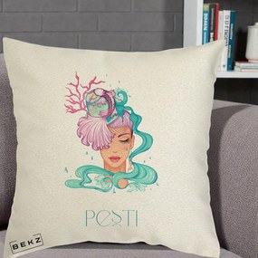 Perna Personalizata Zodiac Pesti Cowgirl, 40x40 cm, Ecru, Husa Detasabila, Perna Inclusa, BEKZ®
