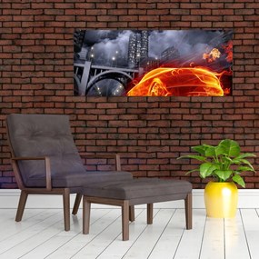 Tablou cu mașina în flăcărată (120x50 cm)