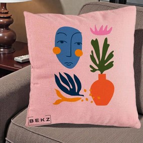 Perna Decorativa Masca Botanica Abstracta, 40x40 cm, Roz, Husa Detasabila, Perna Inclusa, BEKZ®
