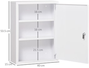 Kleankin Dulap pentru Medicamente cu 3 Rafturi și Încuietoare din Oțel cu 2 Chei, Alb | Aosom Romania