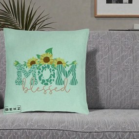 Cadou pentru Mama - Perna Personalizata Mom Blessed cu Floarea Soarelui Animal Print Teal, 40x40 cm, Verde Menta, Husa Detasabila, Perna Inclusa, BEKZ®