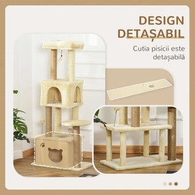 PawHut Ansamblu de joacă pentru Pisici Înalt 136 cm cu Căsuță Detașabilă, Căsuță și Pătuț, Stâlpi din Iută, Bej | Aosom Romania