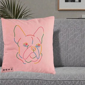 Perna Decorativa Bulldog Francez Line Art Curcubeu, 40x40 cm, Roz, Husa Detasabila, Perna Inclusa, BEKZ®