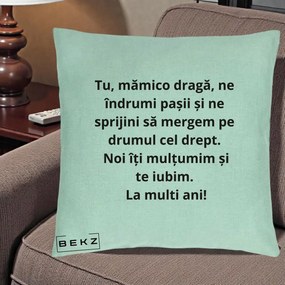 Cadou pentru Mama - Perna Personalizata Mamico Draga Te Iubim La Multi Ani cu Text Negru, 40x40 cm, Verde Menta, Husa Detasabila, Perna Inclusa, BEKZ®