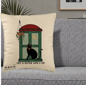 Perna Personalizata Life is Better with a Cat Geam, 40x40 cm, Bej, Husa Detasabila, Perna Inclusa, BEKZ®