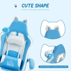 HOMCOM Scaun de gaming reclinabil cu suport pentru picioare și perne, 65x62x124 cm, alb și albastru | Aosom Romania